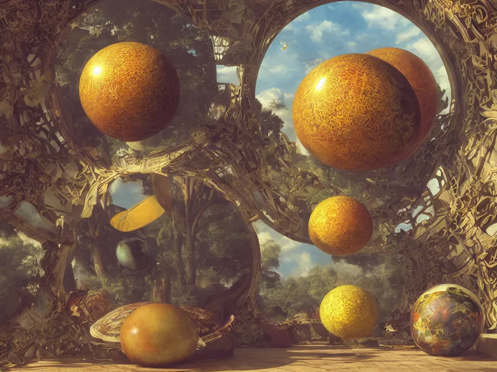 Image similar to 3 d render, sunlight study, the universe is a spheroid region 7 0 5 meters in diameter, art nouveau, by jan davidz de heem and ( ( ( ( ( lisa frank ) ) ) ) ), 8 k, sharp focus, octane render