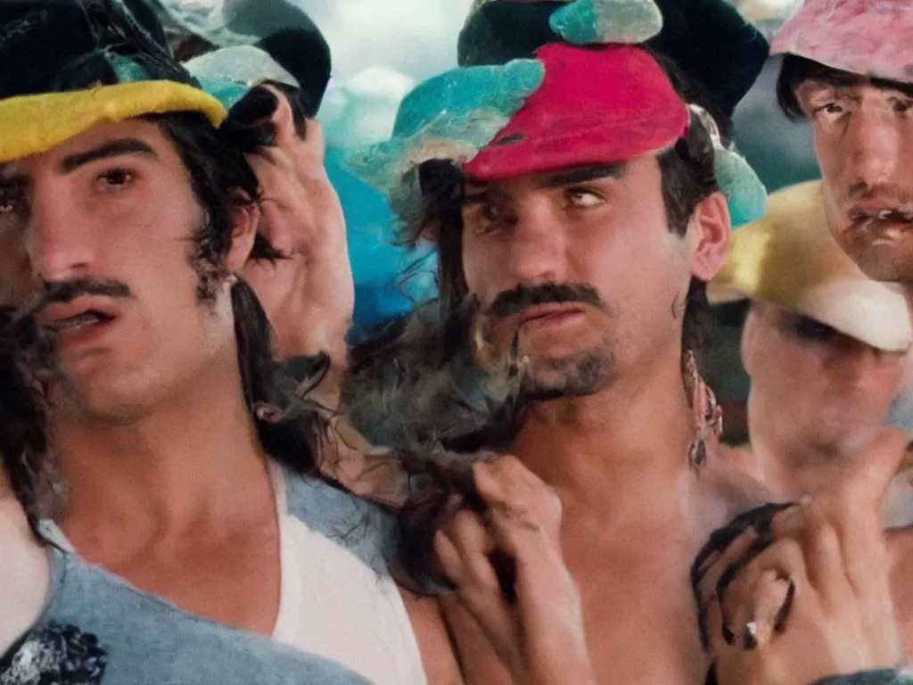 Prompt: Close up of Mario in a hat and Gomez in Harmony Korine Spring Breakers film aesthetic!!! photorealistic