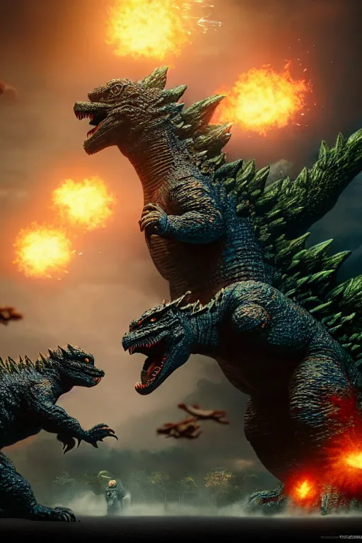 Prompt: two hundred godzilla battle, isometric 3d, ultra hd, character design by Mark Ryden and Pixar and Hayao Miyazaki, unreal 5, DAZ, hyperrealistic, octane render, cosplay, RPG portrait, dynamic lighting, intricate detail, summer vibrancy, cinematic