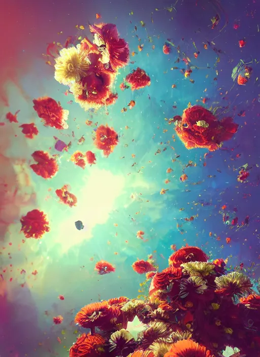 Image similar to An epic fantastic realism comic book style painting of the most beautiful flowers launched into space, bouquets, fisheye lens, unreal 5, DAZ, hyperrealistic, stars in the night sky, octane render, dynamic lighting