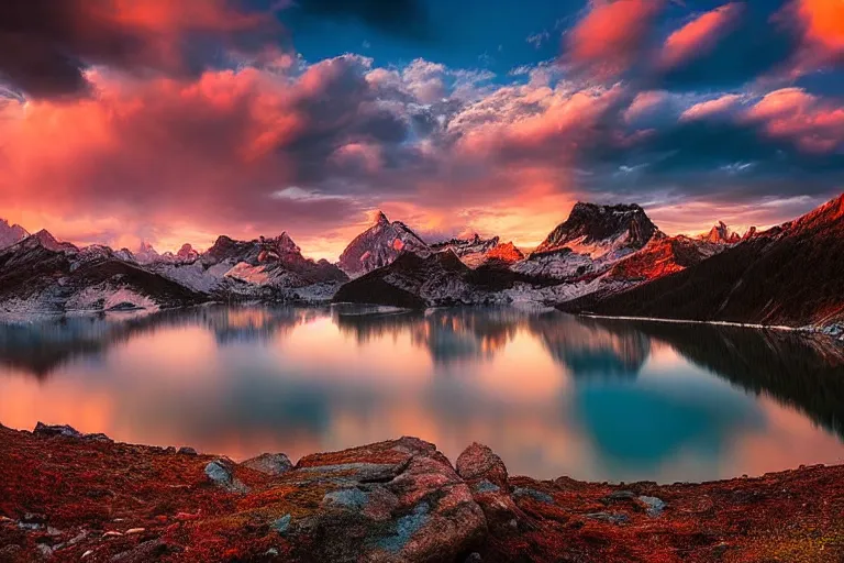 Image similar to amazing landscape photo of mountains with lake in sunset by marc adamus, beautiful dramatic lighting