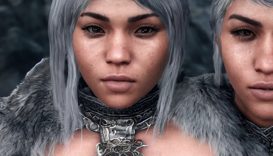 Prompt: closeup skyrim character screenshot of doja cat, solo portrait, enb, ambient occlusion, subsurface scattering, 4 k, bokeh, beautiful, detailed