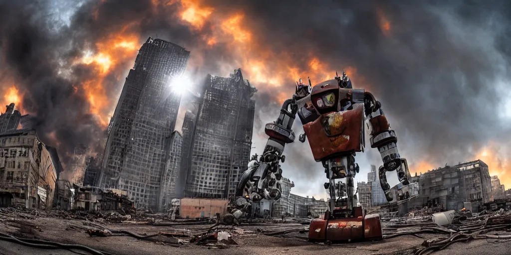 Prompt: wide angle photo, 1 8 mm canon 5 d mark 3, f 1 8, of a scary giant, metal machine pig robot : : 1. 5 looming huge over the buildings of a city on fire that is destroied, in the film style of a hollywood summer blockbuster movie