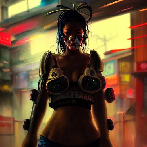 Image similar to An epic comic hyperrealistic painting of a cyber samurai girl, attractive, faces and details painted by painted by craig mullins, cyberpunk style color, heavy rainning at tokyo street night, neon lights all around, Matte painting, smoke, cinematic lighting, corona render, arnold render, movie concept art, 8k, RPG portrait, Concept world, rim lights, phtotrealistic, hdri