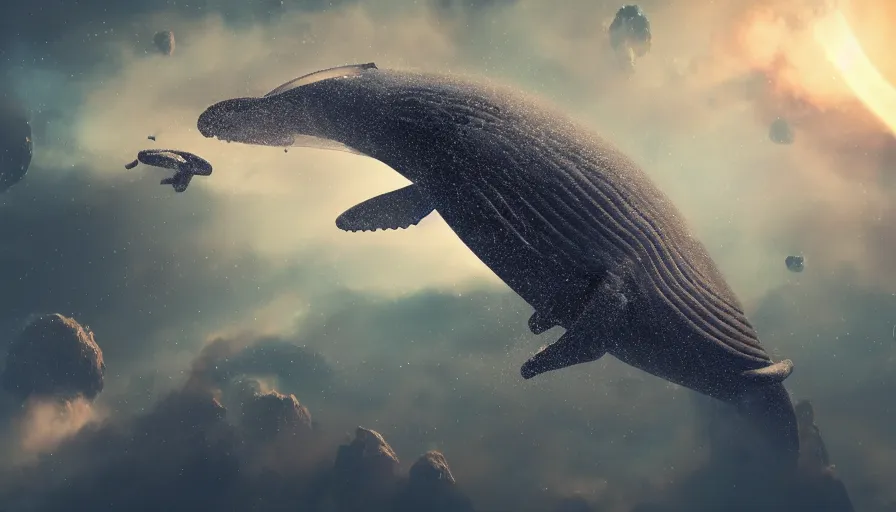 Image similar to highly detailed cinematic scifi render of a flying whale over the tuscany skies, cypresses and hills, stars and planets, hyper detailed, digital art, led lighting, studio quality, smooth render, unreal engine 5, octane render, trending on artstaion.