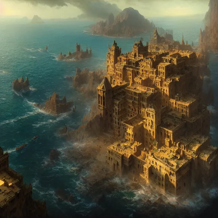 Image similar to matte painting by marc simonetti, jonathan solter, greg rutkowski of an island, masterpiece, cinematic, hyperdetailed, photorealistic, hyperrealism, architecture, aerial view,