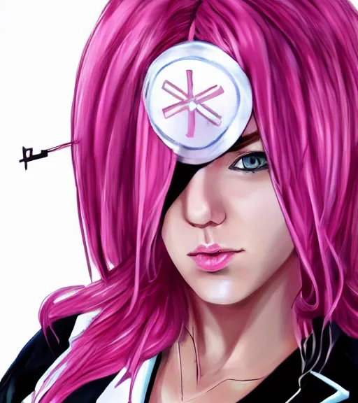 Prompt: portrait of pink haired woman in nurse uniform wearing an eyepatch, trending on artstation