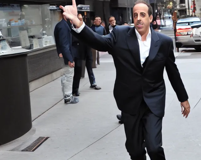 Prompt: Jerry Seinfeld in a suit raging outside of a Starbucks, paparazzi, TMZ, leaked photo, candid shot