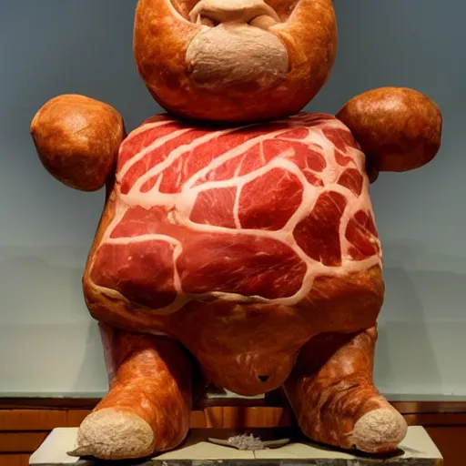 Image similar to a sculpture of chappy, made out of meat