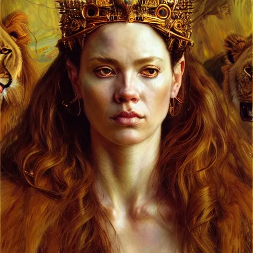 Image similar to highly detailed portrait of a majestic lioness queen in the form of a beautiful woman. d & d. art by donato giancola, eugene delacroix, ruan jia, carl larsson, geof darrow. trending on artstation, intricate details, energetic composition, golden ratio, concept art, illustration, elegant art, global illuminaition