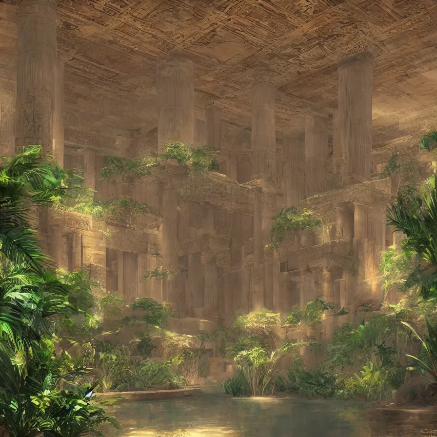 Image similar to interior of a ancient egyptian palace with plants and waterfalls, retrowave art, trending on art station