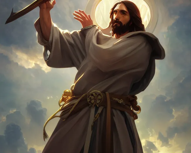 Image similar to photography of jesus christ shooting anime characters, deep focus, d & d, fantasy, intricate, elegant, highly detailed, digital painting, artstation, concept art, matte, sharp focus, illustration, hearthstone, art by artgerm and greg rutkowski and alphonse mucha