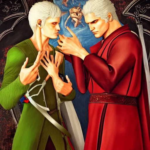 Image similar to A family portrait of Dante and Vergil from the hit video game series Devil May Cry by Sandro Botticelli, oil painting, artstation