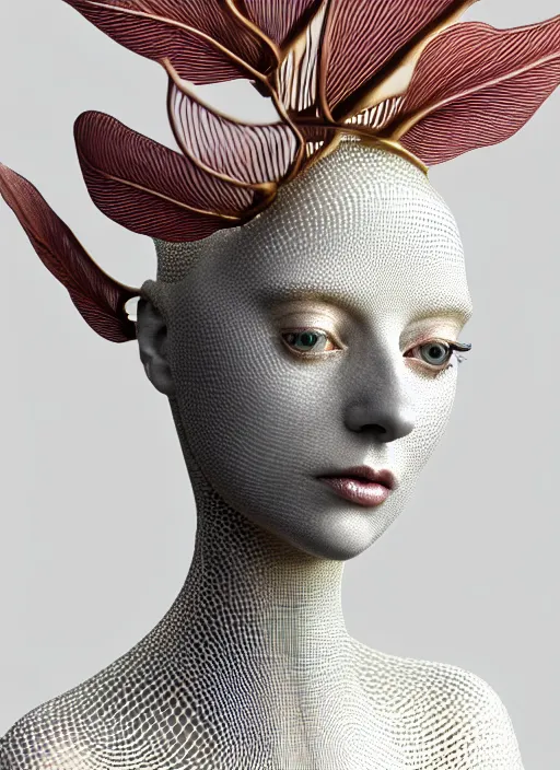 Image similar to complex 3d render ultra detailed of a beautiful porcelain profile woman face, mechanical vegetal cyborg, 150 mm, beautiful natural soft light, rim light, silver gold details, magnolia big leaves and stems, roots, fine foliage lace, mesh wire, Alexander Mcqueen haute couture, lady Gaga style, intricate details, hyperrealistic, mandelbrot fractal, anatomical, red lips, silver metal armor, facial muscles, cable wires, microchip, elegant, white background, octane render, H.R. Giger style, 8k