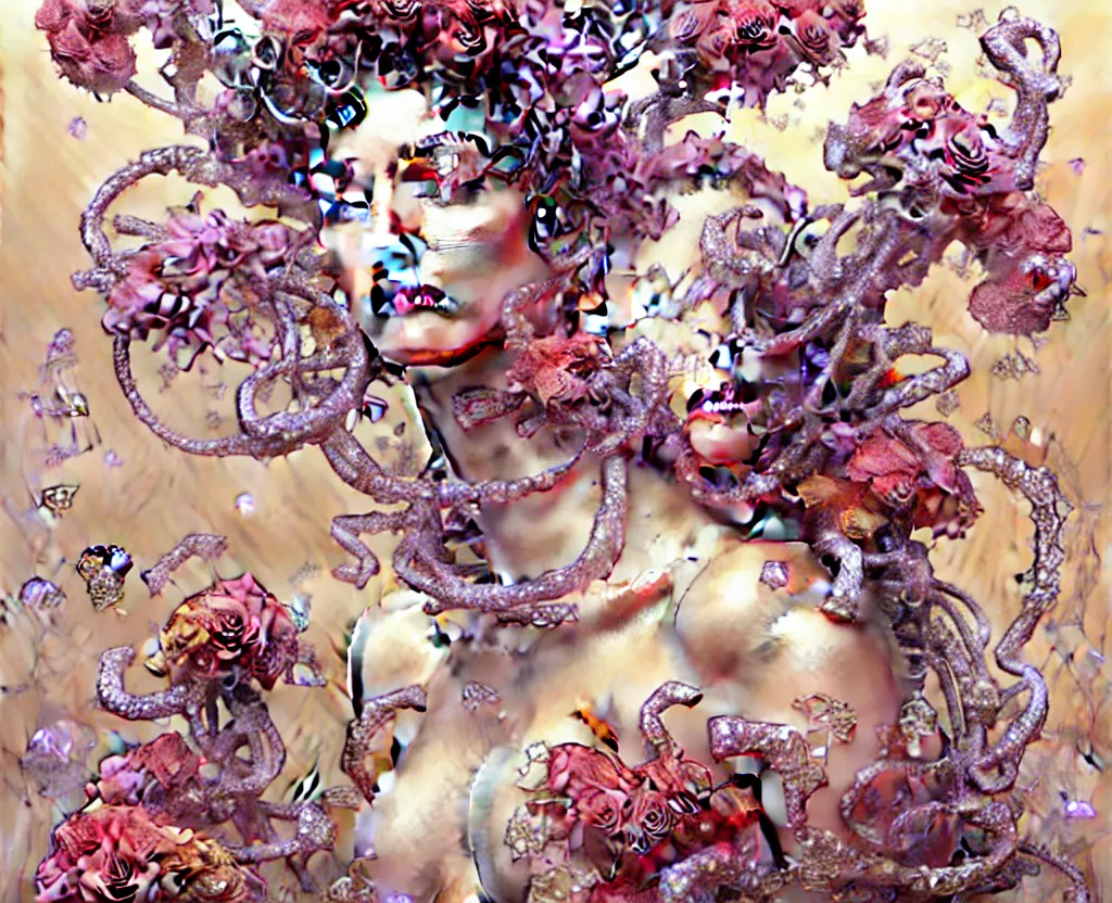 Image similar to flowers flowers flowers, ultra realistic, intricate details, the fifth element artifacts, highly detailed by peter mohrbacher, hajime sorayama, wayne barlowe, boris vallejo, aaron horkey, gaston bussiere, craig mullins alphonse mucha, art nouveau curves swirls and spirals, flying white doves flowers pearls beads crystals jewelry goldchains scattered