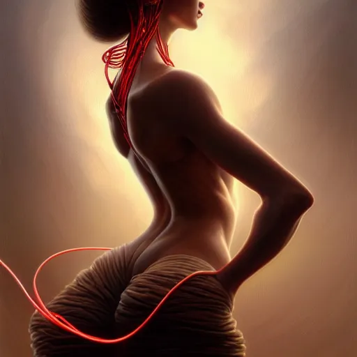 Prompt: low angle shot of a woman seen from the back with red wires , intricate, elegant, highly detailed, centered, digital painting, artstation, concept art, smooth, sharp focus, illustration, artgerm, Tomasz Alen Kopera, Peter Mohrbacher, donato giancola, Joseph Christian Leyendecker, WLOP, Boris Vallejo