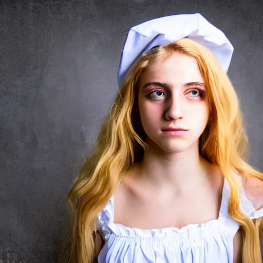Prompt: portrait of a beautiful psychotic blonde 18 year old stoner wearing a full maid outfit staring intently at the viewer from up close to her face. ultra clear 16K and 8K HD image with amazing detail and shadowing.