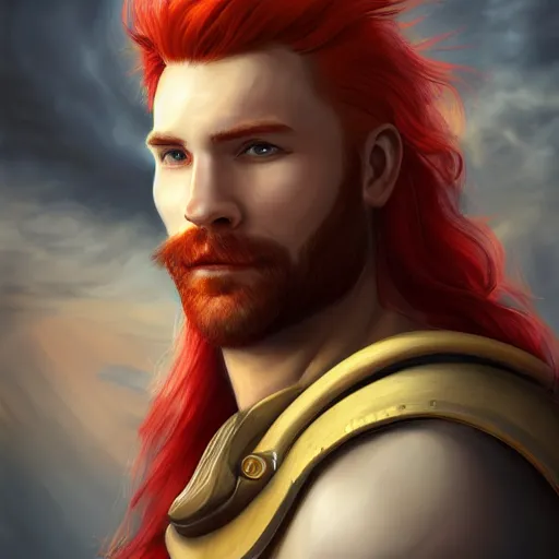 Prompt: portrait of a handsome!!!!! male ship captain with long red hair!!!!!!, 30 years old, upper body, ethereal, muscular, friendly, playful, D&D, hairworks, Unreal 4, fantasy, elegant, highly detailed, digital painting, hairworks, deviantart, artstation, concept art, sharp focus, dramatic lighting, illustration, art by Artgerm and Greg Rutkowski and Alphonse Mucha
