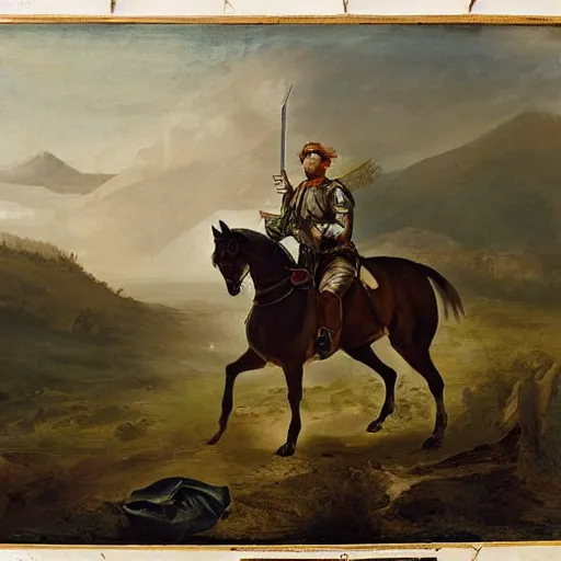 Prompt: portrait of a man mounted on horseback while raising a sword with his right hand pointed north, behind him 1 0 0 0 people can be seen fighting with swords and muskets typical of the war of independence, low light, cloudy, mountains in the foggy background