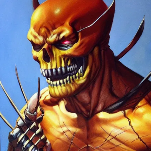 Image similar to ultra realistic portrait painting of skeletor as wolverine, art by frank frazetta, 4 k, ultra realistic, highly detailed, epic lighting