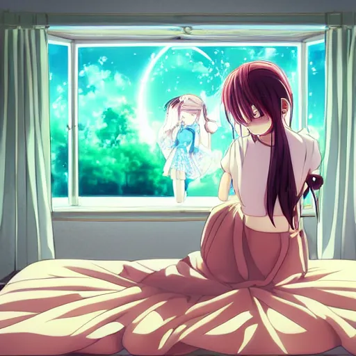 Prompt: cute art of a beautiful anime girl watching tv inside a bedroom, aesthetically pleasing, detailed,