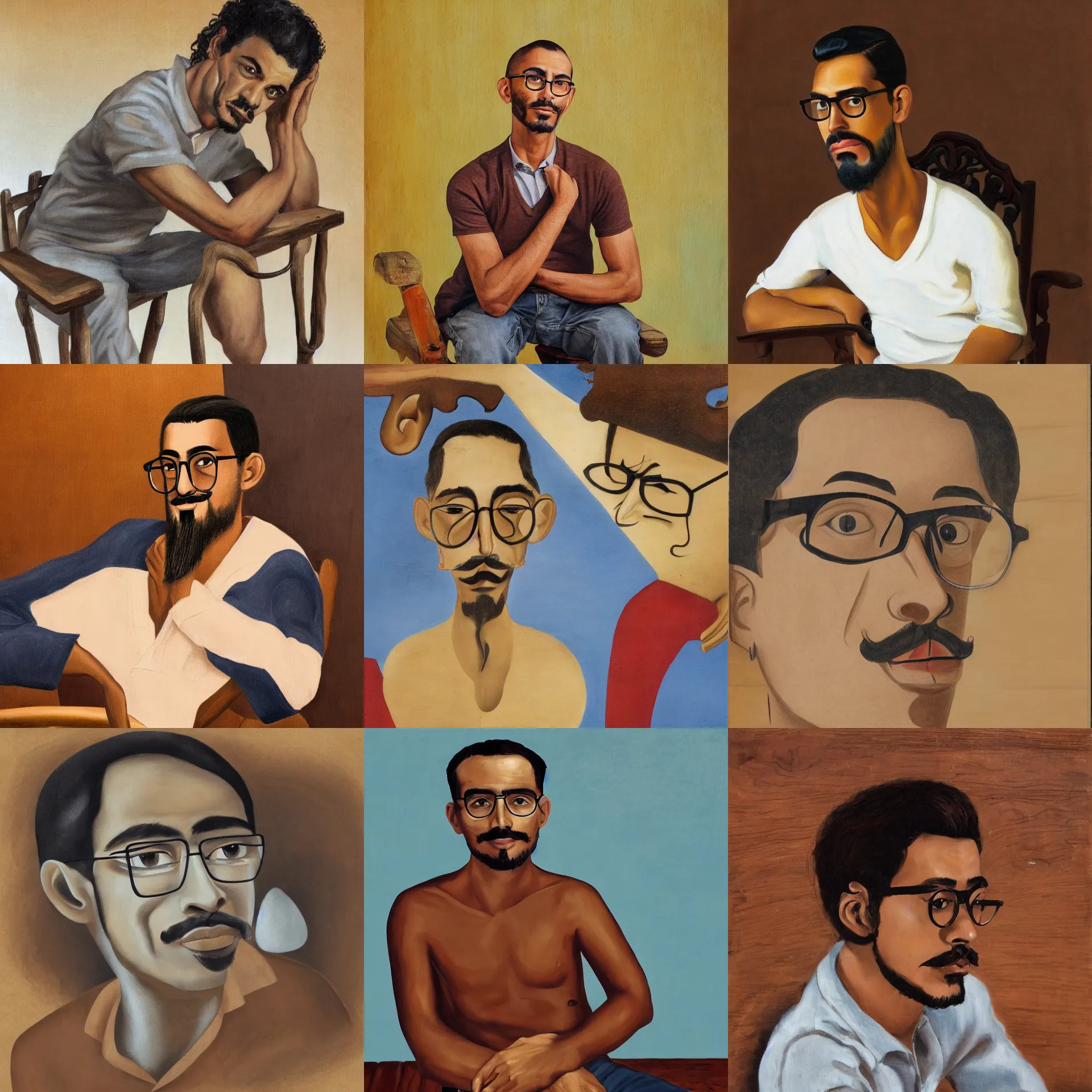 Prompt: 3 / 4 view portrait of a latino skinny young man, brown skin, wavy short hair, goatee, wearing glasses, straight nose, seated on wooden chair, close up, light brown background, painted by salvador dali