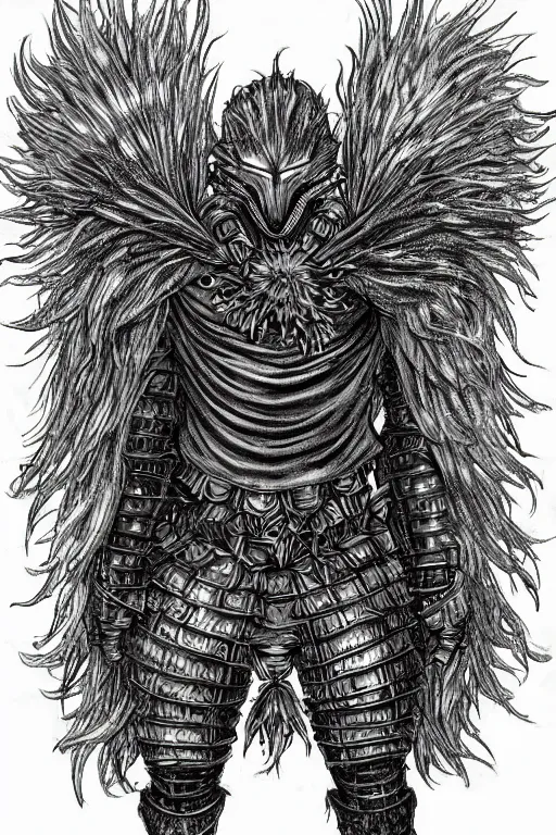 Prompt: armoured warrior dandelion monster, symmetrical, highly detailed, digital art, dandelion themed armour, sharp focus, trending on art station, kentaro miura manga art style