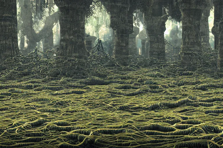 Prompt: Swamp full of trees made out of thousands of wires and pipes with an ancient technomancer temple in the center, close up, ultra realistic reflections, octane render