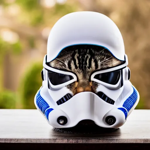 Image similar to a cat wearing a stormtrooper helmet covering the whole face while on the kitchen table, standing up, 40nm lens, shallow depth of field, split lighting, 4k,