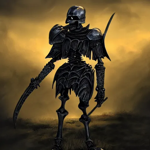 Prompt: in the style dnd a skeleton knight in black full plate armor standing on the battlefield surrounded by dead bodies, golden hour, shallow depth of field, moody lighting, 8 k, concept art,