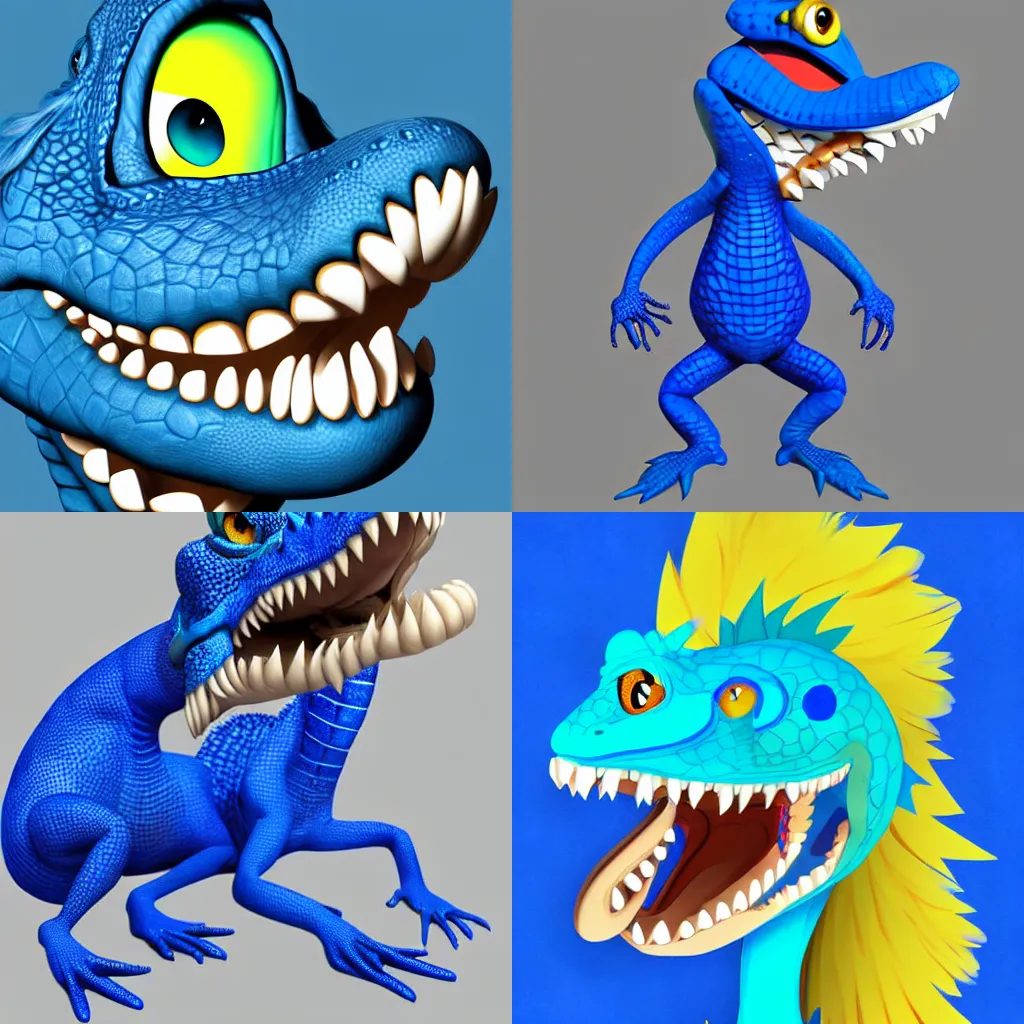 Prompt: anthropomorphic blue alligator with blonde hair, digital art, trending on Artstation