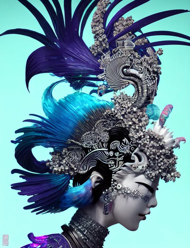 Image similar to 3 d goddess close - up profile simple portrait punk with mohawk with ram skull. beautiful intricately detailed japanese crow kitsune mask and clasical japanese kimono. betta fish, jellyfish phoenix, bio luminescent, plasma, ice, water, wind, creature, artwork by tooth wu and wlop and beeple and greg rutkowski