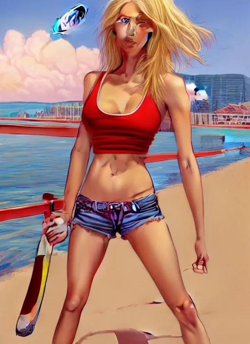 Image similar to , a gorgeous hulking woman with very long hip-length blonde hair, happy sunny day, wearing a cut-off white top and red dirt cut-off shorts standing by the water, beach tennis, modern architecture, in the style of artgerm and moebius and annie liebovitz, marvel comics, photorealistic, highly detailed, trending on artstation, Gediminas Pranckevicius