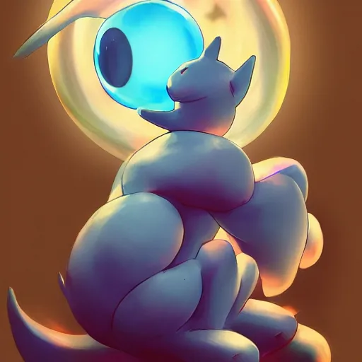 cinematic portrait of Mew Pokemon riding large blue