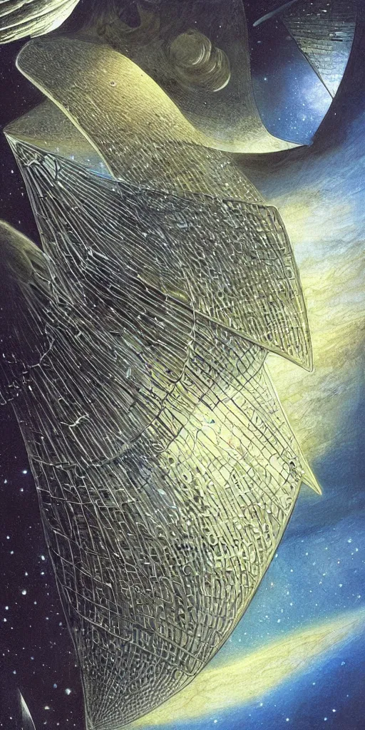 Image similar to a giant beautiful diatom hanging inside a space station, fantasy art by John Howe