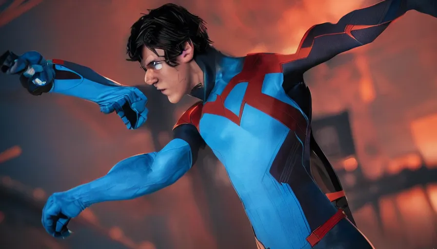 Image similar to Tom Holland is Nightwing, hyperdetailed, artstation, cgsociety, 8k