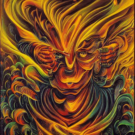 Image similar to anthropomorphic god of fire, surreal by dan mumford and umberto boccioni, oil on canvas