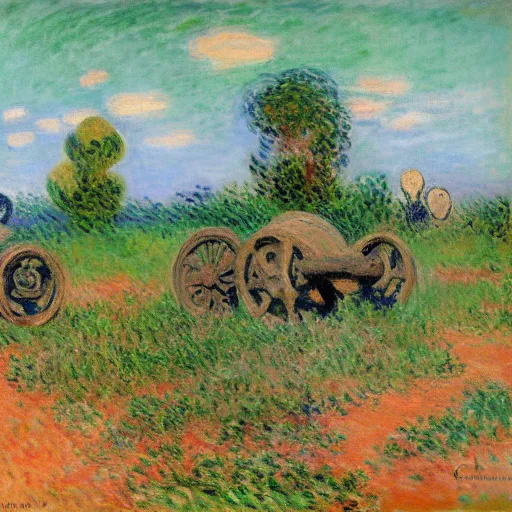 Image similar to tortoises next to artillery guns by claude monet