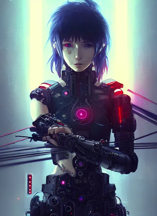 Image similar to cool cyberpunk cyborg samurai girl, battle pose, laser guns, extremely beautiful, detailed portrait, intricate light complexity, concept art by krenz cushart, kyoto animation, wlop. 4 k, beautiful, cinematic dramatic atmosphere, sharp focus, perfect lightning