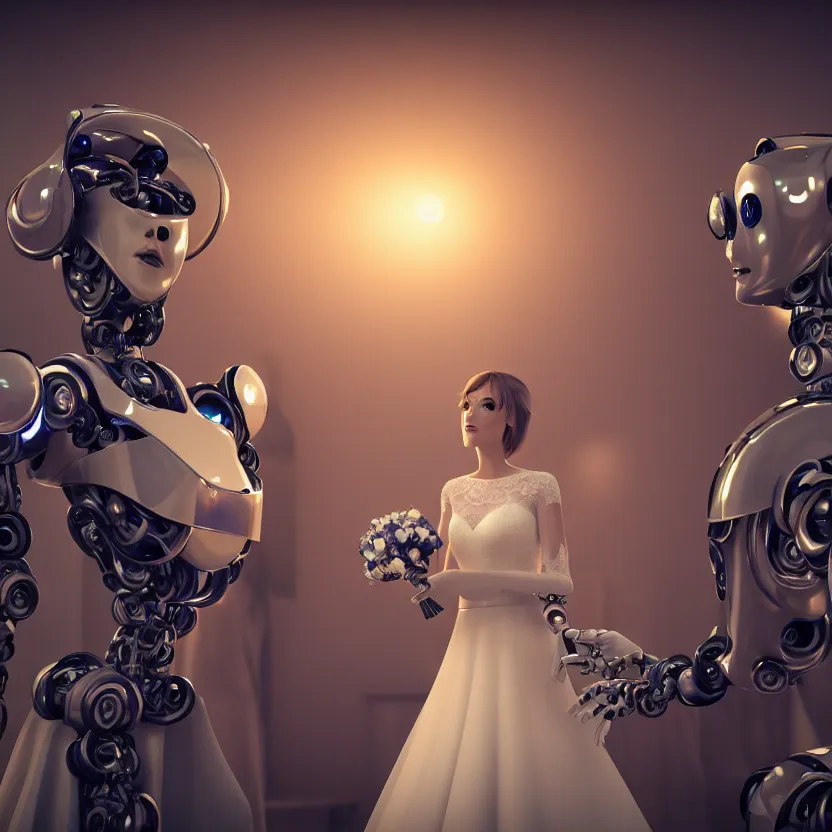 Image similar to a beautiful professional close up centered portrait photograph of a complex robot priest officiating a wedding ceremony. octane render, extremely detailed, cinematic lighting, 8k, cinematic movie photograph, closeup portrait, cgsociety, award-winning art, excellent composition, by Andree Wallins.