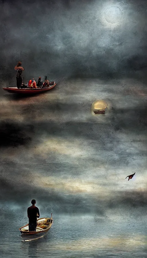 Image similar to man on boat crossing a body of water in hell with creatures in the water, sea of souls, by peter holme iii