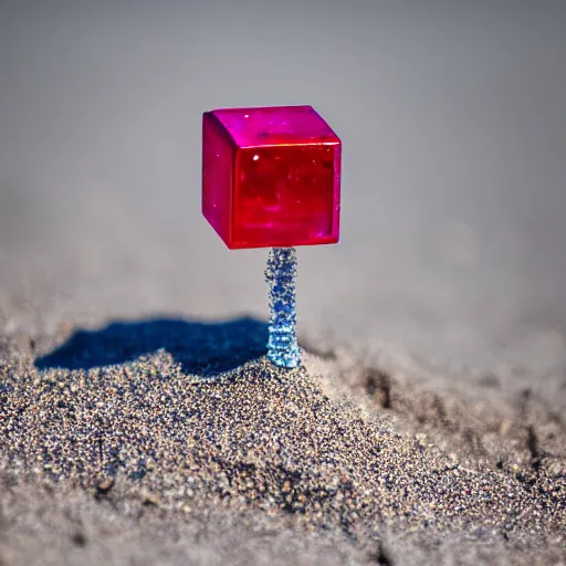 Prompt: cube shaped ruby standing on sand, macro photo, high detail, nikon d 8 1 0, ƒ / 5. 6, focal length : 6 0. 0 mm, iso : 2 0 0