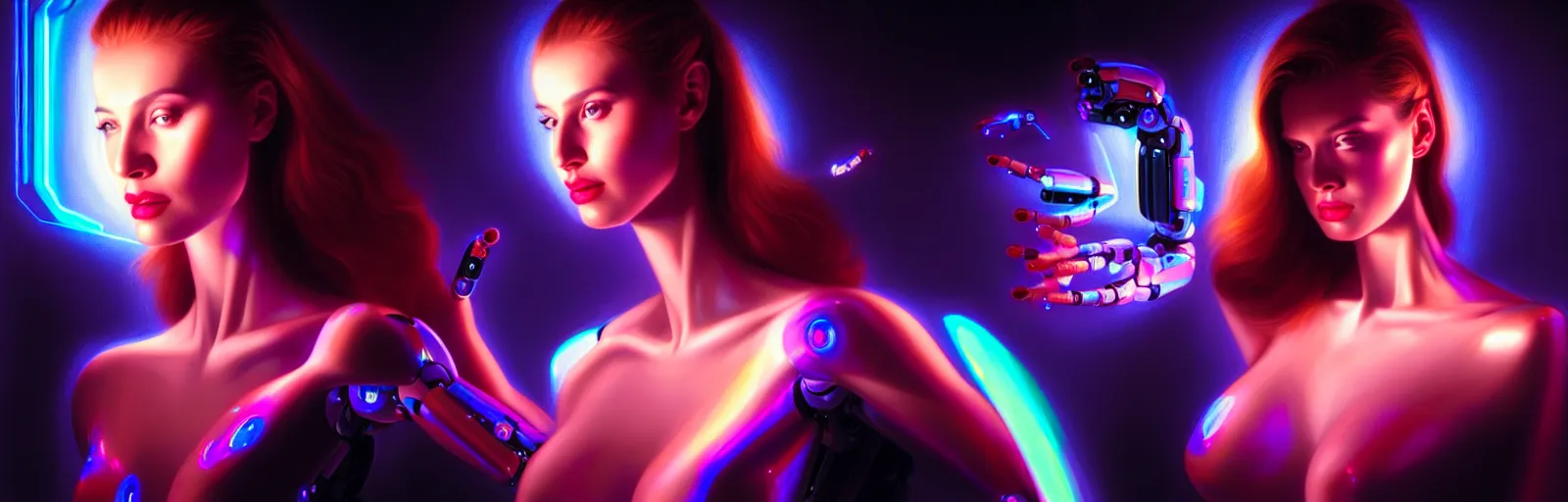 Image similar to beauty woman in holograms, with robotic arms, of alien artifacts, total recall tech, electrical case display , ultrarealistic, dramatic lighting, electrical details, high details, 4k, 8k, best, accurate, trending on artstation, artstation, photorealism, ultrarealistic, digital painting, style of Caravaggio, Boris Vallejo