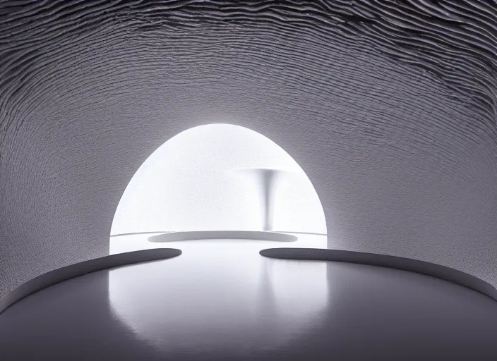 Prompt: white perfume bottle on a circular platform in the centre of an abandoned zen white cave full of geodes, beautiful curves, golden ratio, epic lighting, unusual composition, 4 k, zaha hadid, irakli nadar