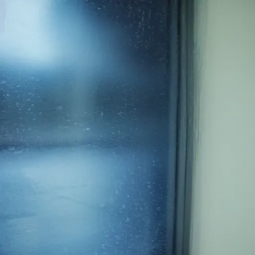 Image similar to photo of dark blue rainy bedroom window at night, creepy face staring in through the window,