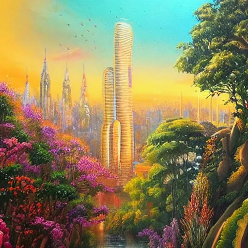 Image similar to Beautiful city of the future in harmony with nature. Nice colour scheme, soft warm colour. Beautiful detailed painting by Lurid. (2022)