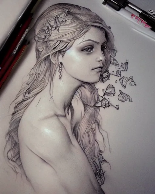 Image similar to tattoo sketch of beautiful greek goddess aphrodite, bow and arrow, beautiful piercing eyes, flowing blonde hair, realistic face, hyper realistic, in the style of greg rutkowski, fantasy, amazing detail, epic, intricate, elegant, smooth, sharp focus