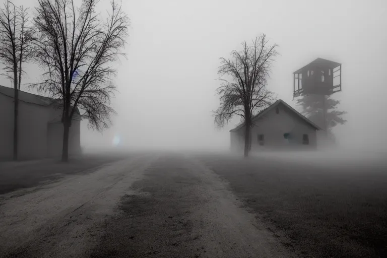 Image similar to Misty ghost town, with a dark shadow of ghosts