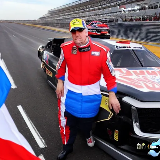 Image similar to russian Donald Trump as a Russia Nascar driver