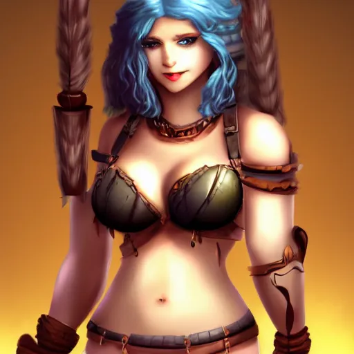 Prompt: very beautiful female barbarian, smiling, flirty, eye contact, perfect face, perfect body, drawn by prywinko